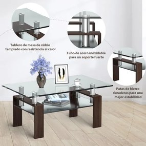 Mesa de centro retangular 99,5 x 59,5 x 44,5 cm com tampo de vidro, pernas metálicas e prateleira Castanho