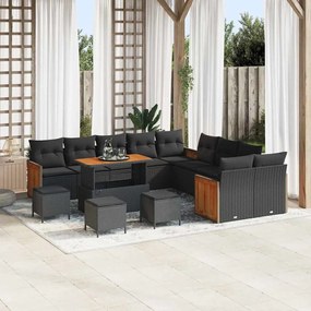 Conjunto de sofá de jardim vidaXL com 14 peças e almofadas Preto Vime PE Acácia