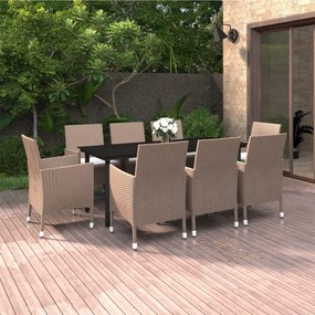 vidaXL 9 pcs conjunto de jantar p/ jardim c/ almofadões vime PE/vidro