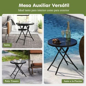 Mesa jardim redonda dobrável de 46 cm compacta com tampo de vidro temperado e estrutura metálica preta