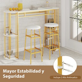 Mesa de bar alta retangular 150 x 40 x 105 cm (BANCOS NÃO INCLUIDOS) com estantes de arrumação, estrutura metálica e tampo em imitação mármore; consol