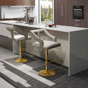 Conjunto de 2 bancos de bar giratório ajustável com apoio para os pés Base metálica tipo holandeses em veludo Cinzento e dourado