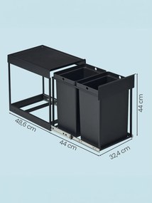 Caixote do lixo embutido 48,6 x 32,4 x 44 cm com dois compartimentos e sistema de separação de resíduos preto