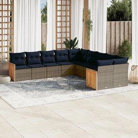 vidaXL 10 pcs conjunto sofás p/ jardim c/ almofadões vime PE cinzento