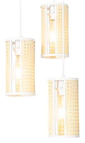 Candeeiro suspenso retro branco com vime 3 luzes redondas - Akira Retro