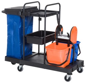 HOMCOM Carro de Limpeza Professional com Escorredor de Alavanca com 3 Prateleiras e 2 Baldes de 18L Bolsa com Tampa Rodas 111x63,3x103cm Preto Azul e Laranja