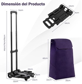 Carrinho de compras portátil dobrável com saco amovível 2 Rodas flexíveis em ABS para transporte de bagagem Violeta