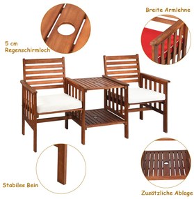 Banco de jardim com mesa, 2 lugares, banco de madeira com furo para guarda-chuva e almofada de assento, marrom+branco