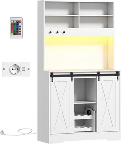HOMCOM Credenza de Cozinha com Tomadas Elétricas, Luz LED, Porta-garrafas e Portas Deslizantes, 100x38x180 cm, Branco | Aosom Portugal