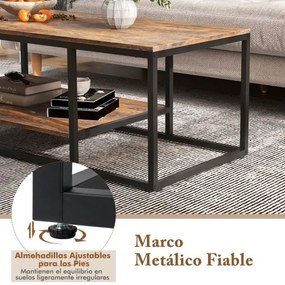 Mesa retangular 105 x 50 x 42,5 cm industrial de 2 níveis com prateleira de armazenamento e estrutura metálica Castanho