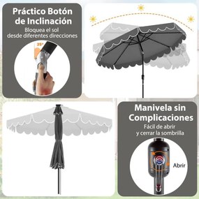 Guarda-sol de 300 cm com 24 luzes LED, parte superior ventilada, folhos e ajuste de inclinação cinzento