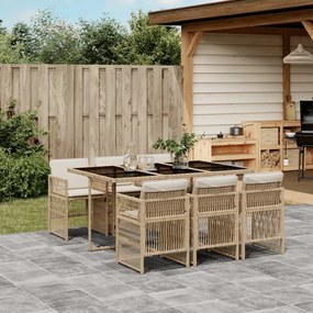7 pcs conjunto de jantar p/ jardim com almofadões vime PE bege