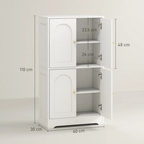 Armário de cozinha, móvel de arrumação com 4 portas arqueadas e 2 prateleiras ajustáveis, 60 x 30 x 110 cm, branco