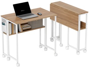 HOMCOM Secretária Dobrável com Rodas e Prateleira Mesa Secretária Compacta com Bolsa de Armazenamento Mesa para Computador Portátil para Casa Escritório Espaços Pequenos 80x50x75 cm Madeira e Branco