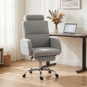 Cadeira de Escritório com Apoio para Pés Estofada em Borreguito e Encosto Reclinável  67x74x107-115 cm Cinza Claro
