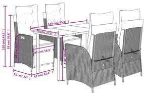 5 pcs conjunto de jantar p/ jardim c/ almofadões vime PE cinza
