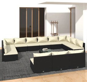 vidaXL 13 pcs conjunto lounge de jardim c/ almofadões vime PE preto