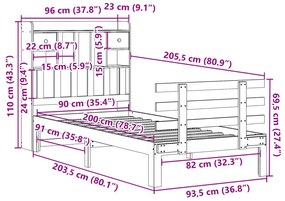Cama com estante sem colchão 90x200 cm pinho maciço branco