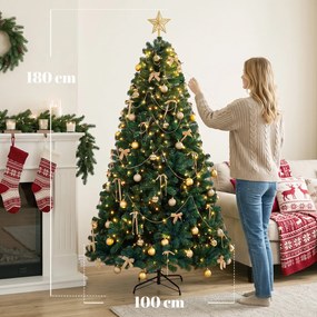 Árvore de Natal Decorativa 180 cm com 240 LED, 755 Pontas Ignífugas, Estrela, 30 Bolas, 18 Laços e Decoração Dourada, Verde