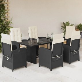 7 pcs conjunto de jantar p/ jardim c/ almofadões vime PE preto