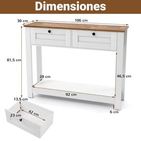 Mesa Consola Estilo Rústico 106 x 30 x 81,5 cm com 2 Gavetas e Prateleira de Armazenamento para Sala de Estar, Cozinha ou Sala de Jantar Branca