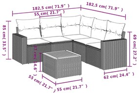 6 pcs conjunto sofás de jardim c/ almofadões vime PE preto