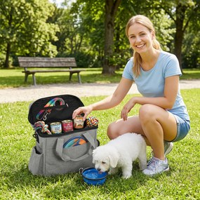 Saco de transporte para cães com bolsos, 2 sacos para ração, tigela dobrável, divisória ajustável, 38 x 17 x 35 cm, cinzento claro