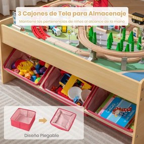Mesa Comboio de Madeira para Crianças com 2 Tabuleiros Reversíveis 94 peças de acessórios, 3 Gavetas de Tecido para Crianças a partir dos 3 Anos, Verm