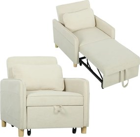 Poltrona Cama Estofado em Veludo Ecológico com Encosto Ajustável 3 Níveis 6 Bolsos Laterais 74x85,5x82 cm Bege