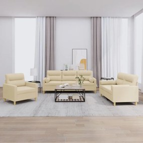 3201554 vidaXL 3 pcs conjunto de sofás com almofadas tecido cor creme