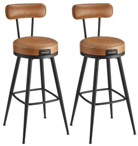Coleção VASAGLE EKHO - Conjunto de 2 bancos de bar giratórios com encosto em couro sintético com costura, estilo moderno de meados do século, 76 cm de altura, para cozinha e bar, marrom caramelo LBC889K01