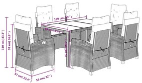 7 pcs conjunto de jantar p/ jardim c/ almofadões vime PE cinza