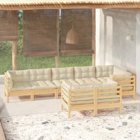 vidaXL 8 pcs conjunto lounge jardim c/ almofadões creme pinho maciço