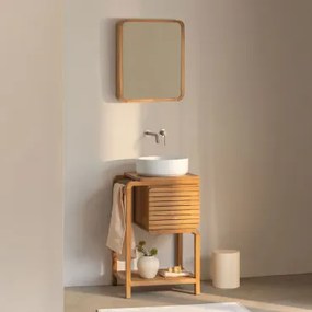 Conjunto De Móvel De Casa De Banho Em Madeira De Teca Bradley Cerâmica Redonda Branca Ø40 Cm Lenka & Cinzento Escovado Para Pia Embutida Com Válvula D