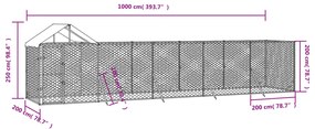 Canil de exterior com teto 10x2x2,5 m aço galvanizado prateado