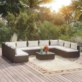 vidaXL 10 pcs conjunto lounge de jardim c/ almofadões vime PE preto