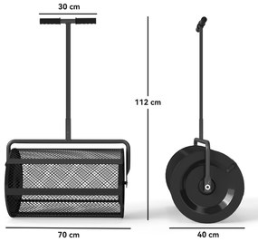 Espalhador de Composto 300L 70x40x112 cm Espalhador de Adubo para Relvado com Guiador Ajustável Cesto de Rede Metálica Preto