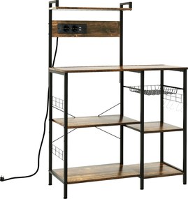 HOMCOM Estante de Cozinha com Ficha 2 Carregadores Prateleira Ajustável USB 5 Gancho em S e Cesta Amovível 90x42x130cm Marrom Rústico | Aosom Portugal