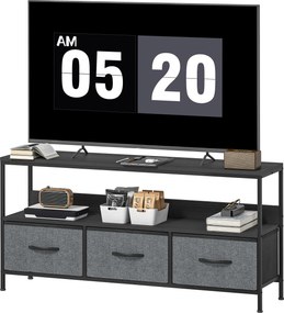 Móvel para televisão 120 x 29 x 56 cm, adequado para televisores até 55 polegadas, com 3 gavetas tecido e pés em aço, cinzento, preto