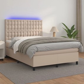 Cama box spring c/colchão/LED 140x200cm couro artif. cappuccino