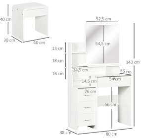 HOMCOM Toucador de Maquilhagem com Banco e Espelho Mesa de Maquilhagem com 4 Gavetas 4 Compartimentos de Armazenamento Estilo Moderno 80x38x143cm Branco
