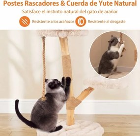 Arranhador para gatos 50 x 90 cm com plataforma central de atividades em madeira maciça, com postes para arranhar em juta natural, natural e bege