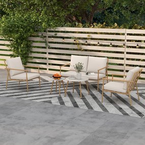 Conjunto de jardim de 5 peças para 4 pessoas: sofá de 2 lugares, 2 mesas de centro e 2 poltronas com almofadas, estrutura em aço castanho claro, branc
