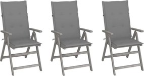 vidaXL Cadeiras jardim reclináveis c/ almofadões 3 pcs acácia maciça