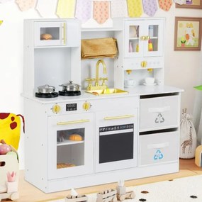 Cozinha Brincar para crianças  em madeira com fogão com luz e som Cafeteira Torneira e utensílios de cozinha Branco