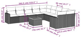 11 pcs conjunto sofás de jardim c/ almofadões vime PE preto