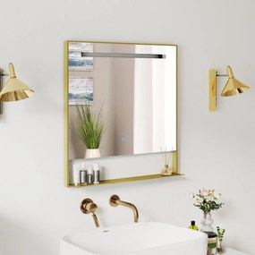 Espelho de casa de banho com LED 80 x 60 cm, função antiembaciamento, 3 cores de luz e brilho ajustável, moldura em alumínio com estante de parede, do
