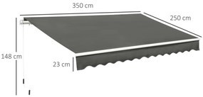 Toldo Manual Retrátil 350x250 cm para Varanda com Manivela de Metal Impermeável e Anti-UV para Jardim Terraço Janelas Cinza