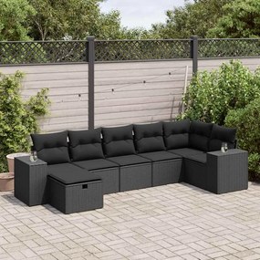 7 pcs conjunto de sofás p/ jardim c/ almofadões vime PE preto