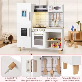 Cozinha de brincar para crianças em madeira 92 x 30 x 98 cm com luzes e sons Máquina de gelo Exaustor Quadro para crianças 3+ anos Branco